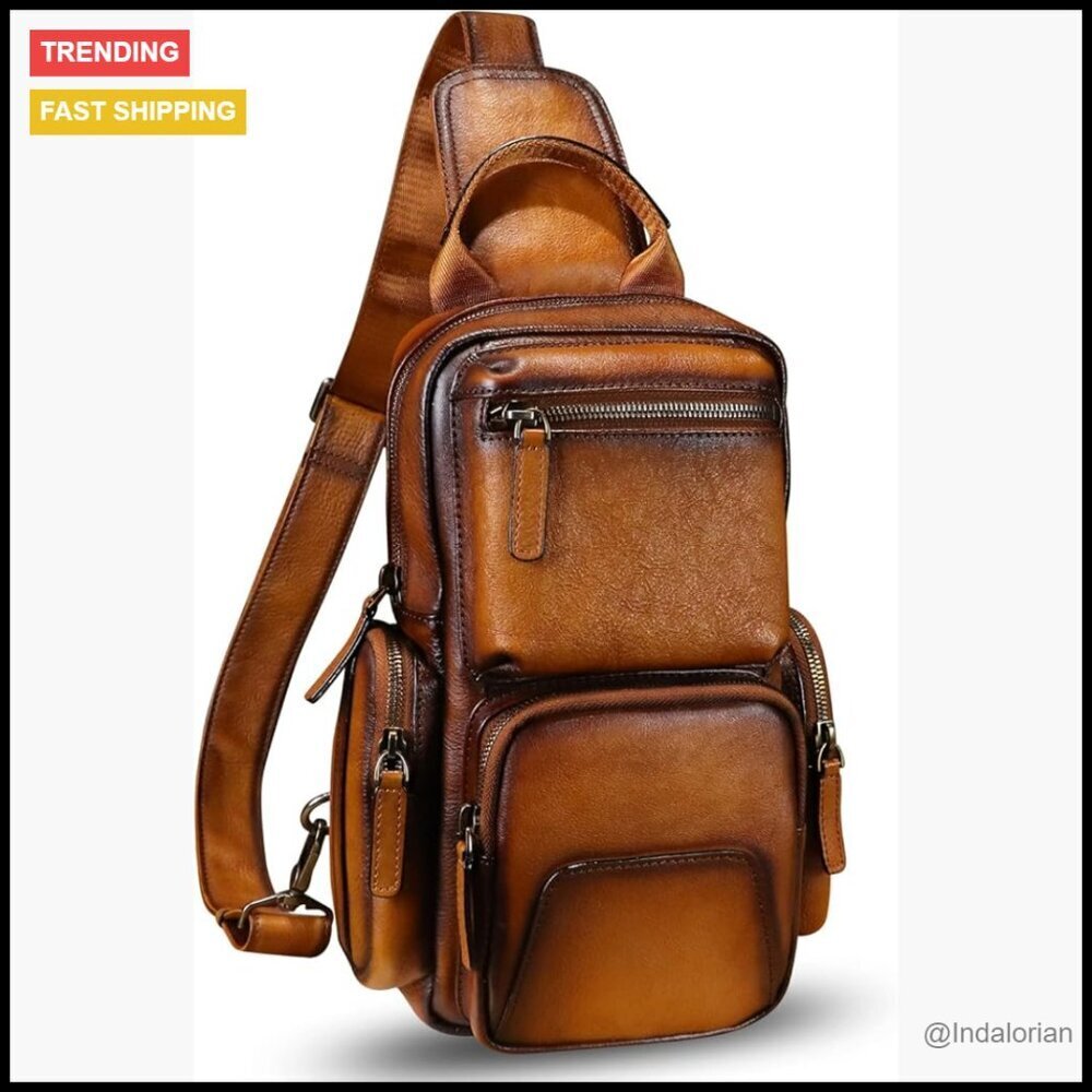 Genuine Leather Sling Backpack Crossbody Daypack Vintage Retro Casual Hiking